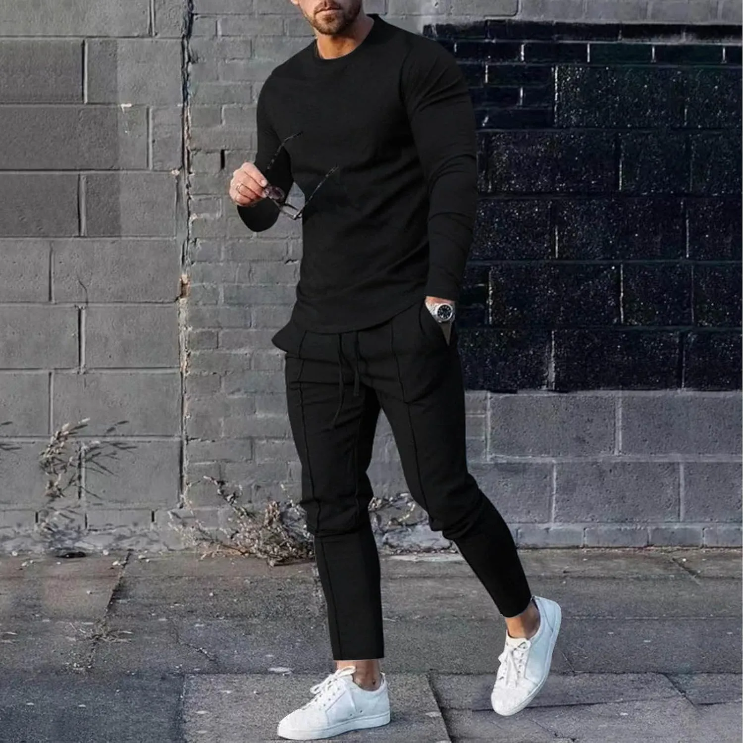2023 Men's Tracksuit 2 Piece Outfits Plain Long Sleeve Tshirt and Sweatpants Sweatsuit Sets Casual Jogging Athletic Suits
