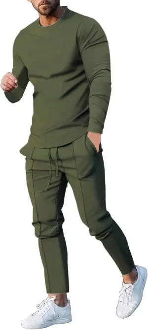 2023 Men's Tracksuit 2 Piece Outfits Plain Long Sleeve Tshirt and Sweatpants Sweatsuit Sets Casual Jogging Athletic Suits