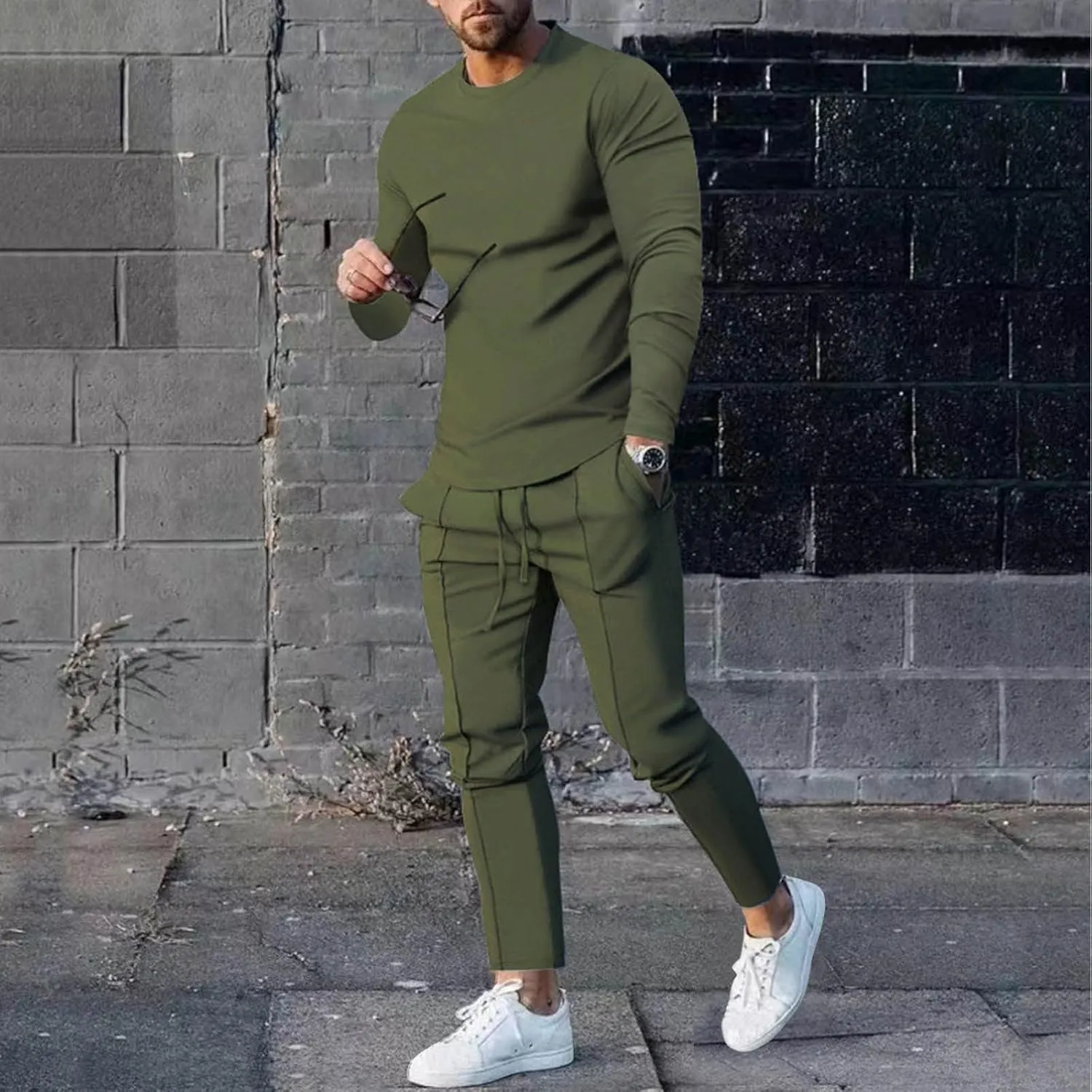 2023 Men's Tracksuit 2 Piece Outfits Plain Long Sleeve Tshirt and Sweatpants Sweatsuit Sets Casual Jogging Athletic Suits