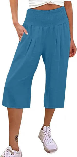 2025 Cotton Linen Wide Leg Capris for Women Plus Size Summer Vacation Pants with Smocked Waist
