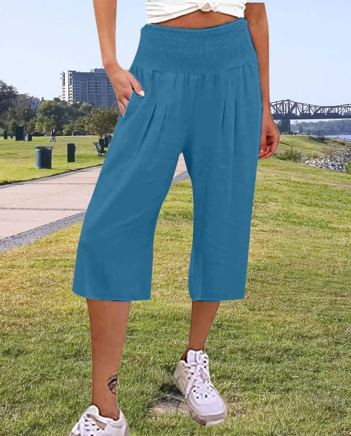2025 Cotton Linen Wide Leg Capris for Women Plus Size Summer Vacation Pants with Smocked Waist