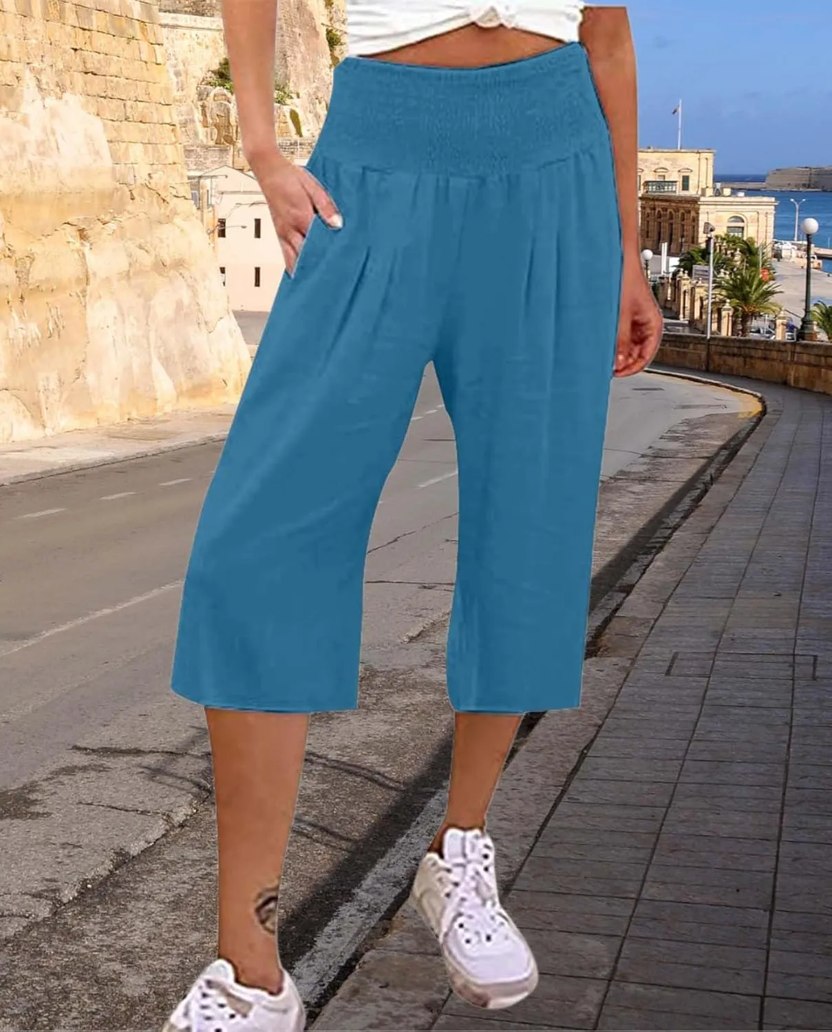 2025 Cotton Linen Wide Leg Capris for Women Plus Size Summer Vacation Pants with Smocked Waist