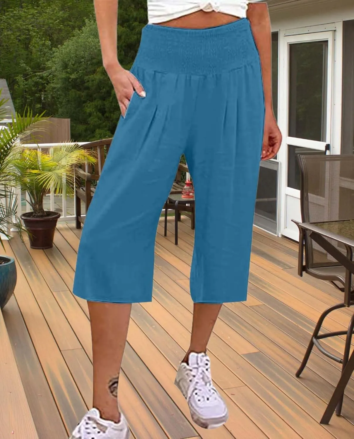 2025 Cotton Linen Wide Leg Capris for Women Plus Size Summer Vacation Pants with Smocked Waist