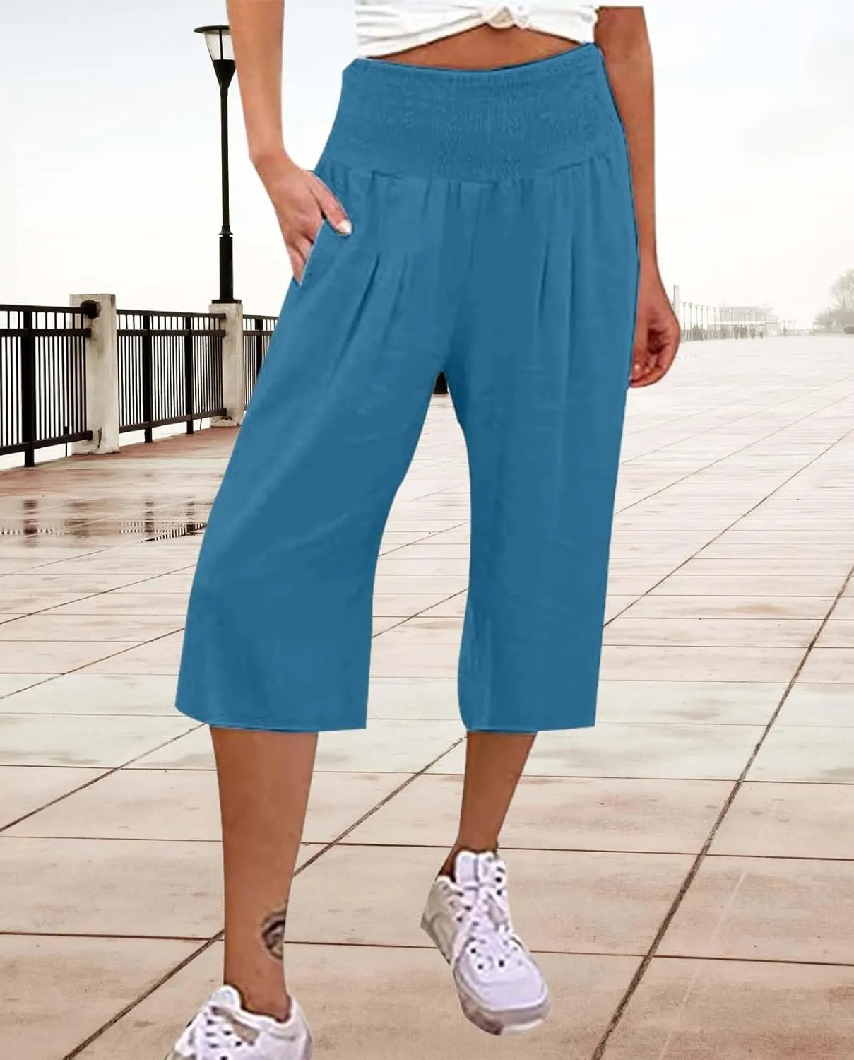 2025 Cotton Linen Wide Leg Capris for Women Plus Size Summer Vacation Pants with Smocked Waist