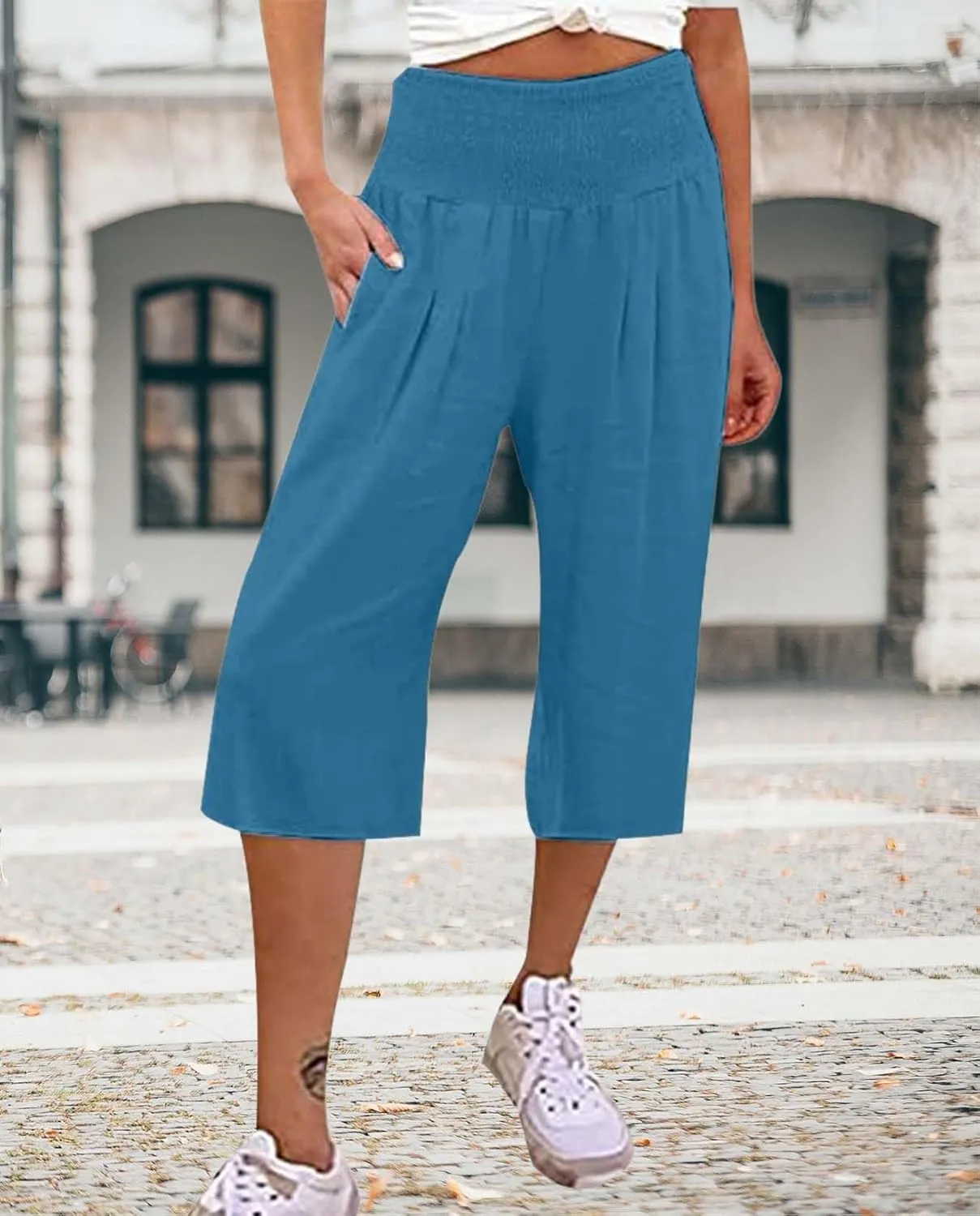 2025 Cotton Linen Wide Leg Capris for Women Plus Size Summer Vacation Pants with Smocked Waist