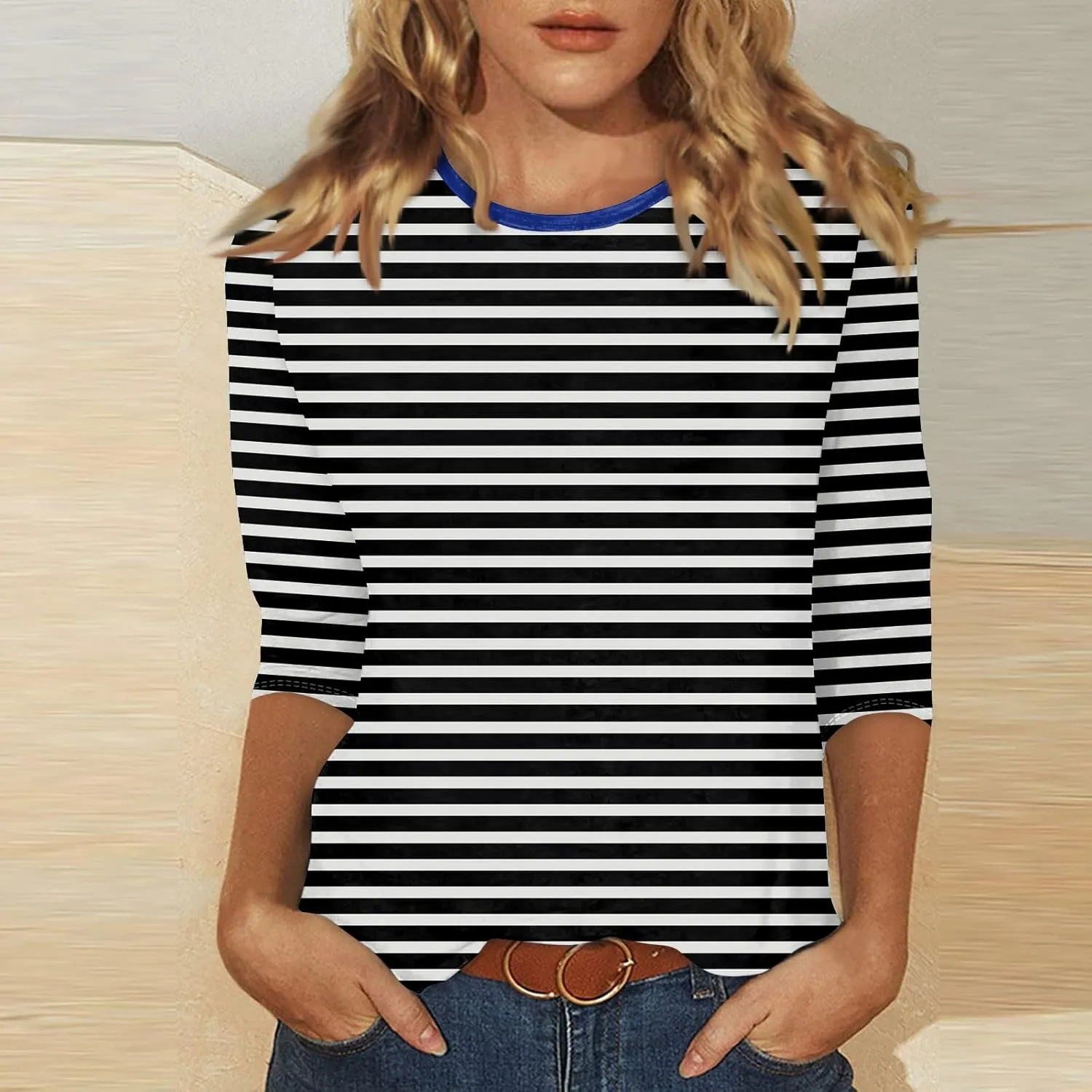 3/4 Length Sleeve Womens Tops Plus Size,Basic Elbow Sleeve Workout Top Striped Shirt Crew Neck 3 Quarter Sleeve Tees