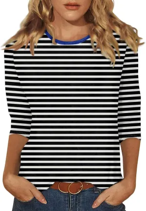 3/4 Length Sleeve Womens Tops Plus Size,Basic Elbow Sleeve Workout Top Striped Shirt Crew Neck 3 Quarter Sleeve Tees