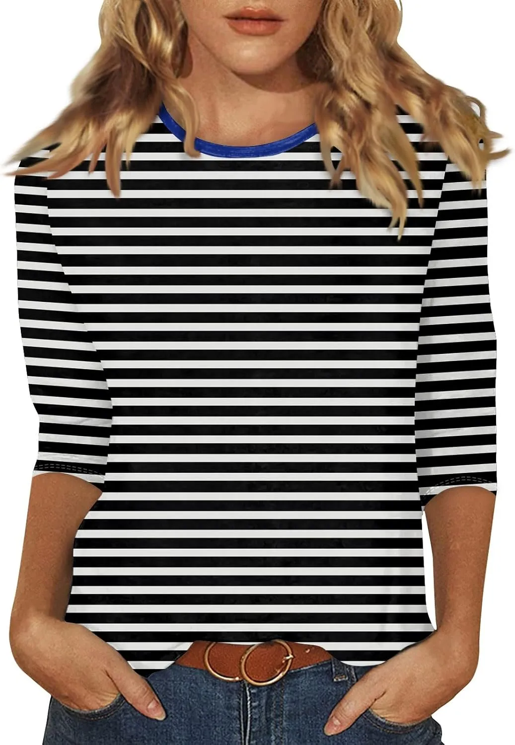3/4 Length Sleeve Womens Tops Plus Size,Basic Elbow Sleeve Workout Top Striped Shirt Crew Neck 3 Quarter Sleeve Tees