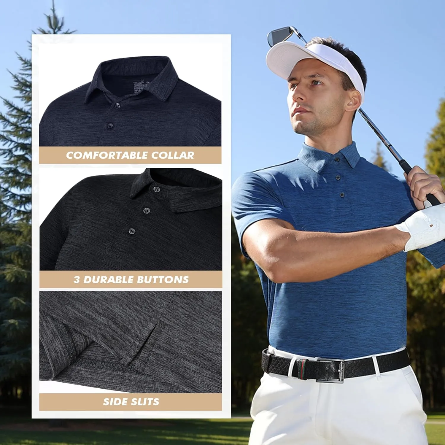5 Pack Polo Shirts for Men - Dry Fit Moisture Wicking Performance Short Sleeve Mens Golf Shirts for Work Casual Athletic
