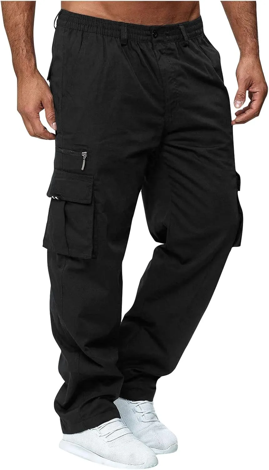 ADHOWBEW Men's Cargo Pants Pockets Relaxed Fit Outdoor Work Elastic Pants