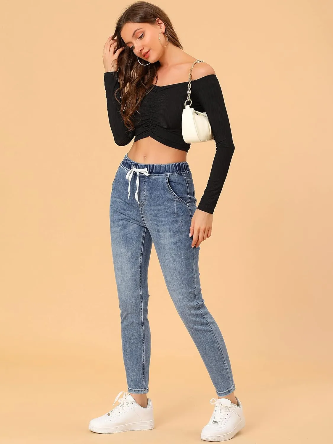 Allegra K Women's Skinny Jeans High Waisted Drawstring Casual Stretch Denim Pants