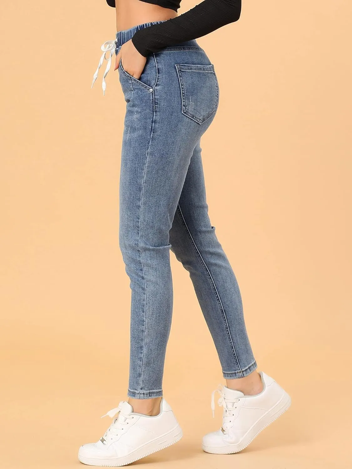 Allegra K Women's Skinny Jeans High Waisted Drawstring Casual Stretch Denim Pants