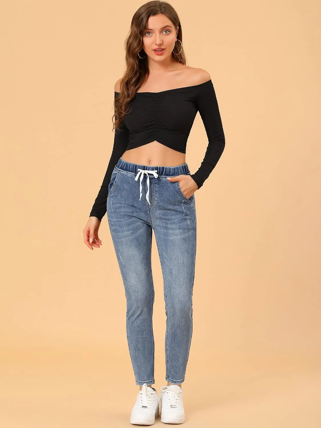 Allegra K Women's Skinny Jeans High Waisted Drawstring Casual Stretch Denim Pants
