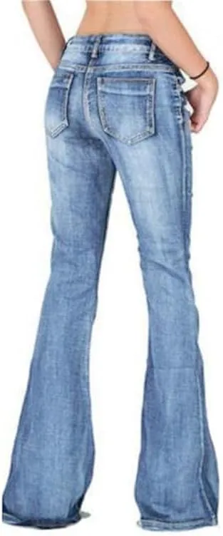 Andongnywell Women's Fashion Mid Waist Wide Leg Boo tcut Slim Denim Pants Flare Bell Bottom Jeans Trousers