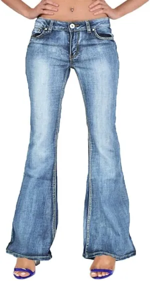 Andongnywell Women's Fashion Mid Waist Wide Leg Boo tcut Slim Denim Pants Flare Bell Bottom Jeans Trousers