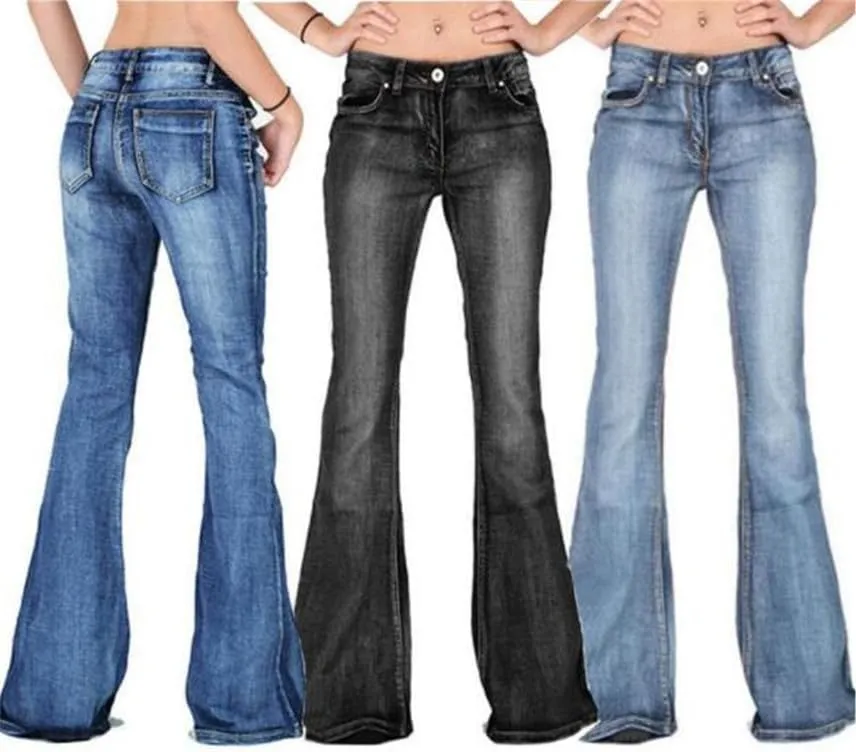 Andongnywell Women's Fashion Mid Waist Wide Leg Boo tcut Slim Denim Pants Flare Bell Bottom Jeans Trousers