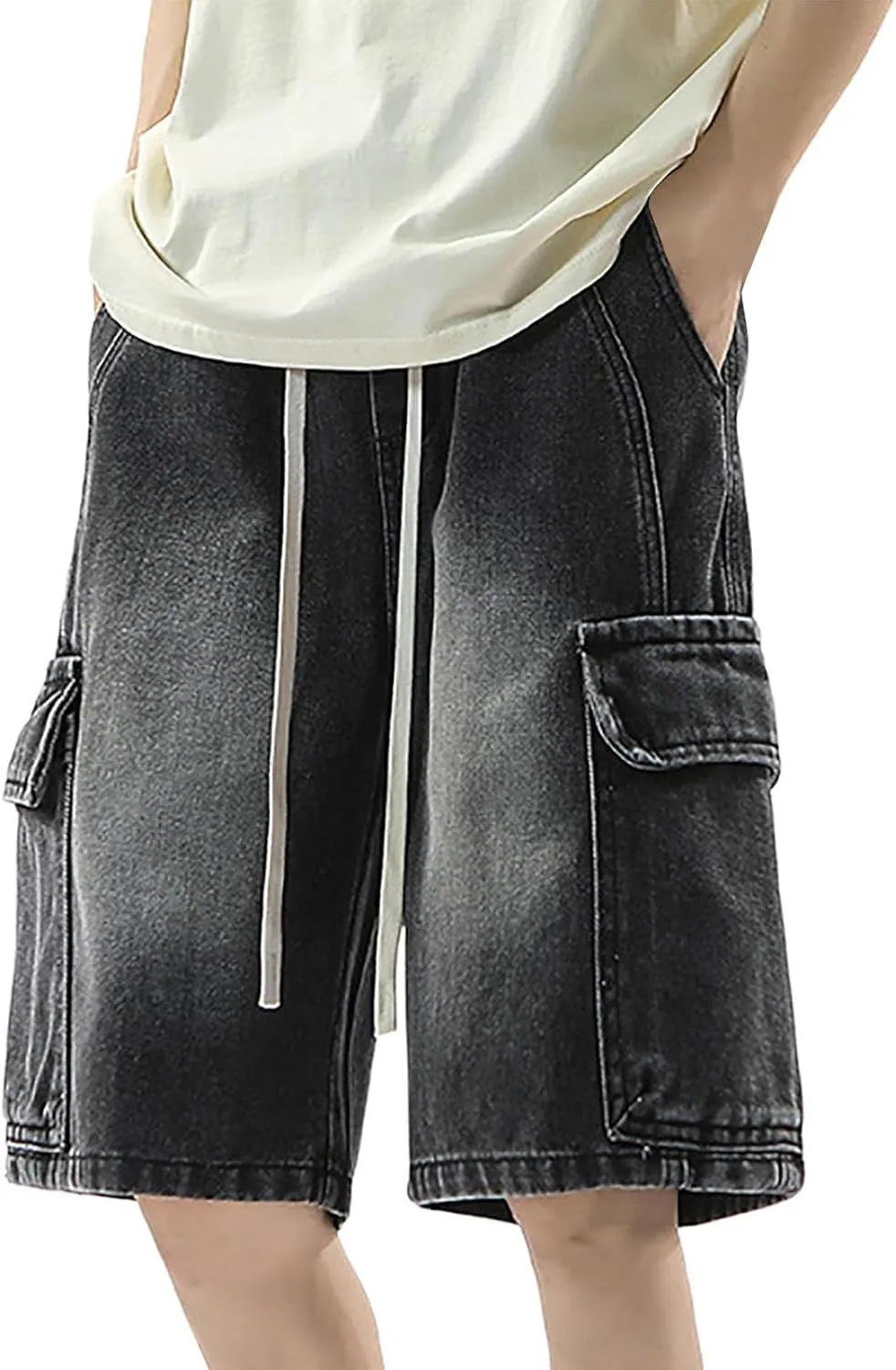 Baggy Jean Shorts for Men Summer Casual Loose Fit Y2K Hip Hop Mid Denim Shorts Streetwear with Pockets