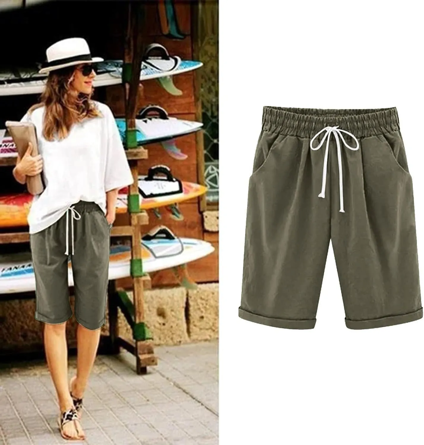 Bermuda Shorts for Women Knee Length Casual Summer Drawstring Shorts Elastic High Waisted Loose Shorts with Pockets