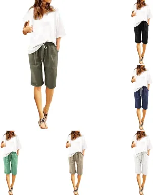 Bermuda Shorts for Women Knee Length Casual Summer Drawstring Shorts Elastic High Waisted Loose Shorts with Pockets