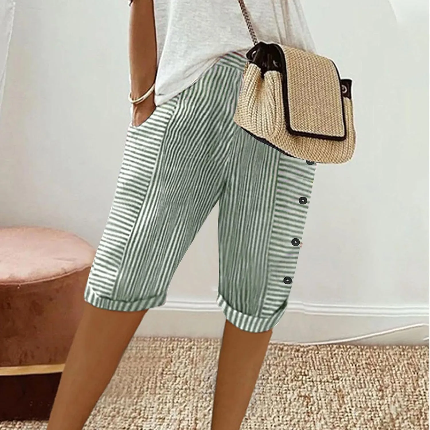 Bermuda Shorts for Women Knee Length High Waisted Beach Short Summer Casual Loose Comfy Lounge Shorts with Pockets