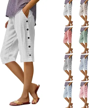 Bermuda Shorts for Women Knee Length Striped Linen Capris Lightweight Summer Straight Leg Beach Shorts with Pockets