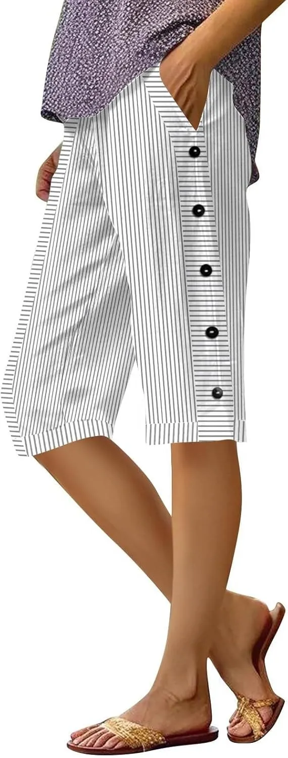 Bermuda Shorts for Women Knee Length Striped Linen Capris Lightweight Summer Straight Leg Beach Shorts with Pockets