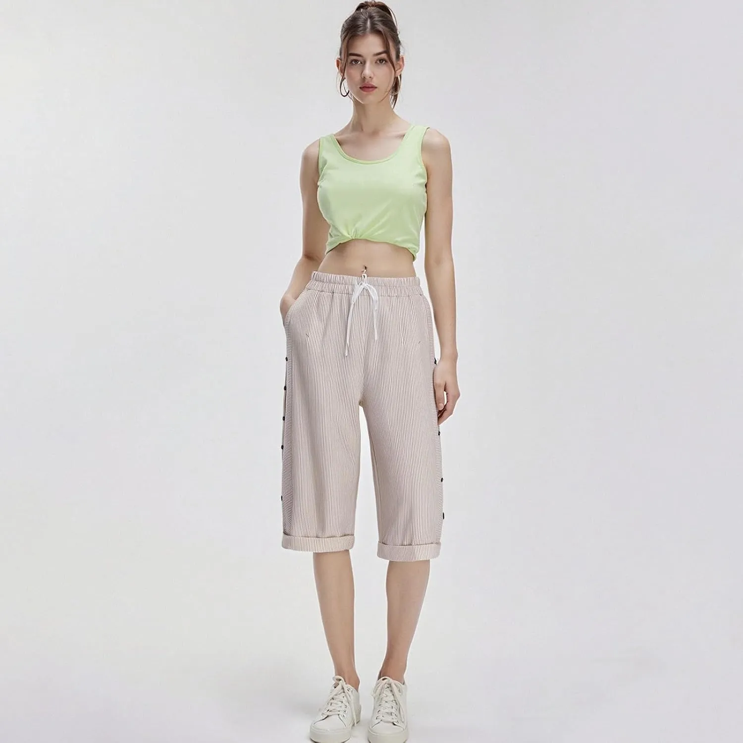 Bermuda Shorts for Women Knee Length Striped Linen Capris Lightweight Summer Straight Leg Beach Shorts with Pockets