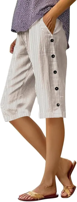 Bermuda Shorts for Women Knee Length Striped Linen Capris Lightweight Summer Straight Leg Beach Shorts with Pockets