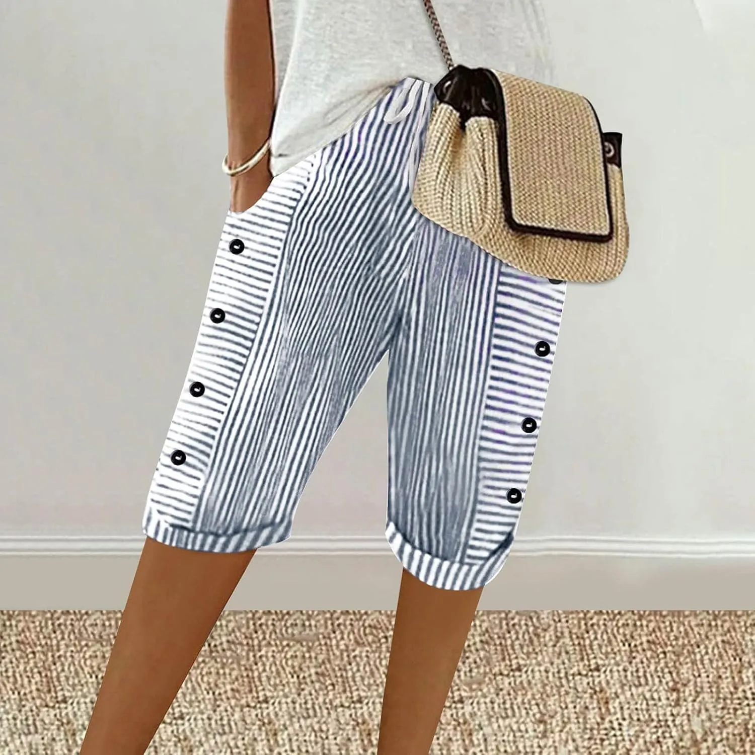 Bermuda Shorts for Women Knee Length Striped Linen Capris Lightweight Summer Straight Leg Beach Shorts with Pockets