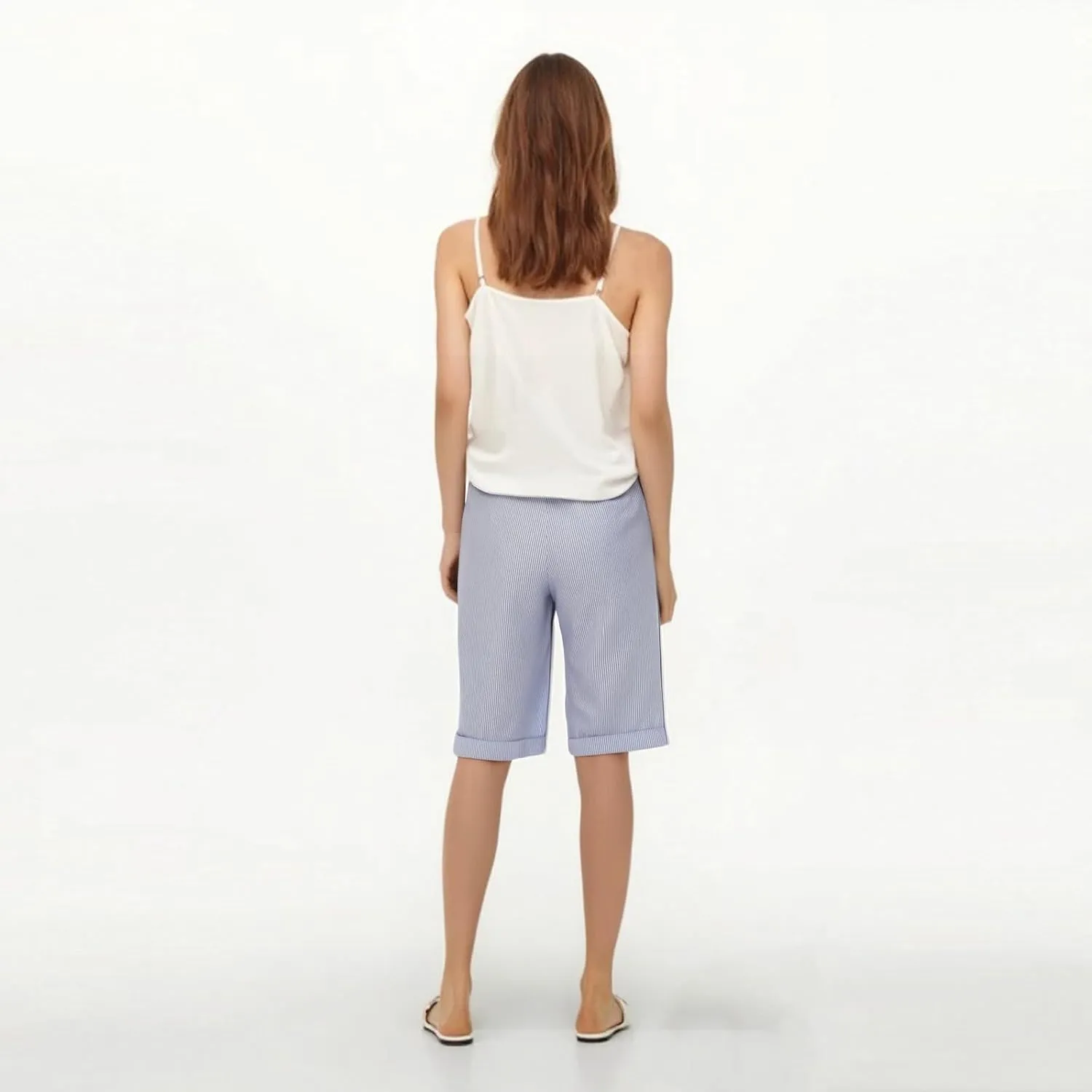 Bermuda Shorts for Women Knee Length Striped Linen Capris Lightweight Summer Straight Leg Beach Shorts with Pockets