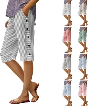 Bermuda Shorts for Women Knee Length Striped Linen Capris Lightweight Summer Straight Leg Beach Shorts with Pockets