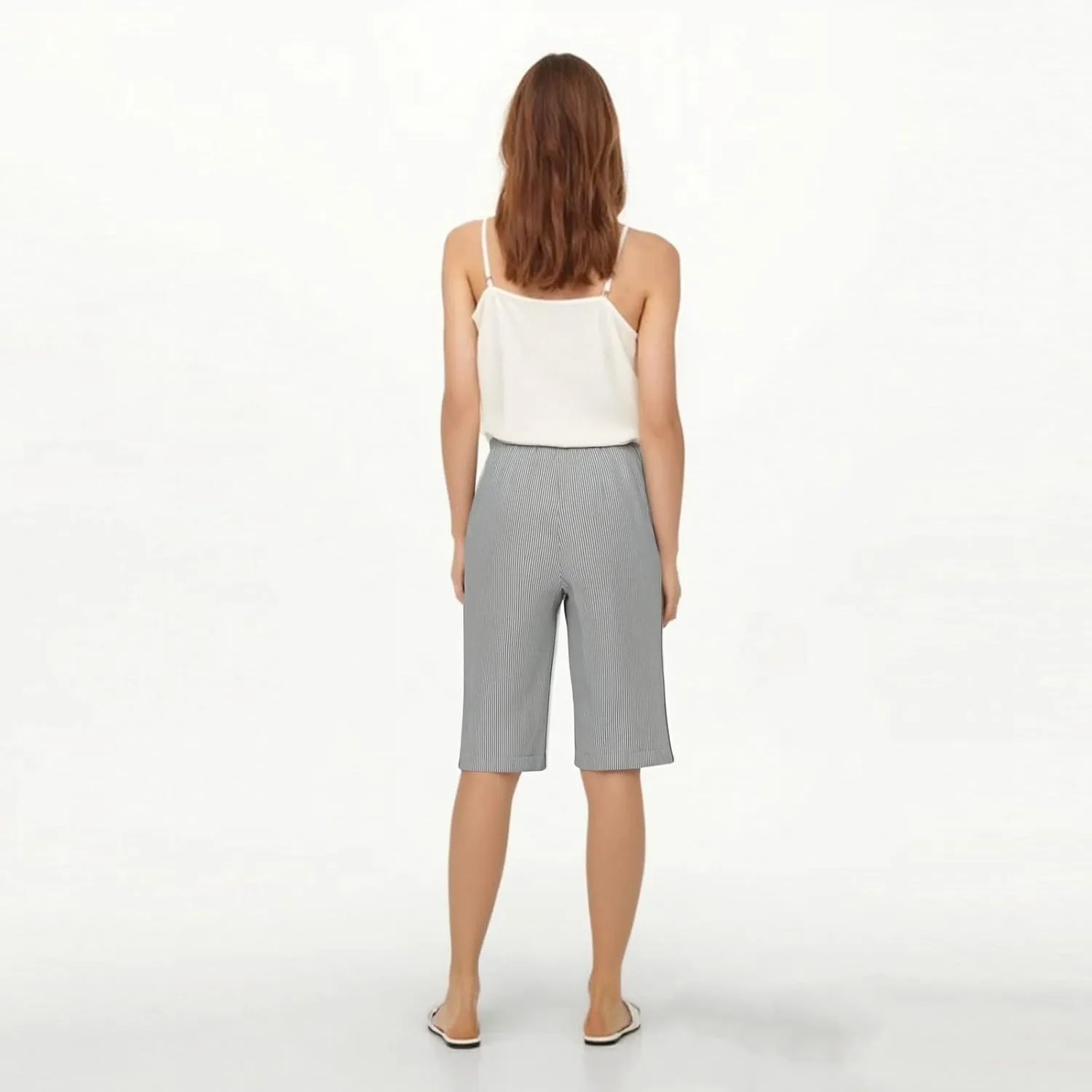 Bermuda Shorts for Women Knee Length Striped Linen Capris Lightweight Summer Straight Leg Beach Shorts with Pockets