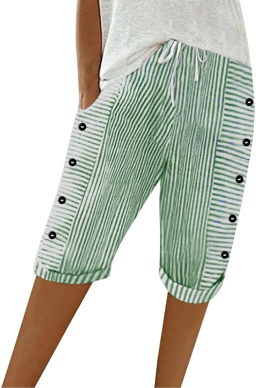 Bermuda Shorts for Women Knee Length Striped Linen Capris Lightweight Summer Straight Leg Beach Shorts with Pockets