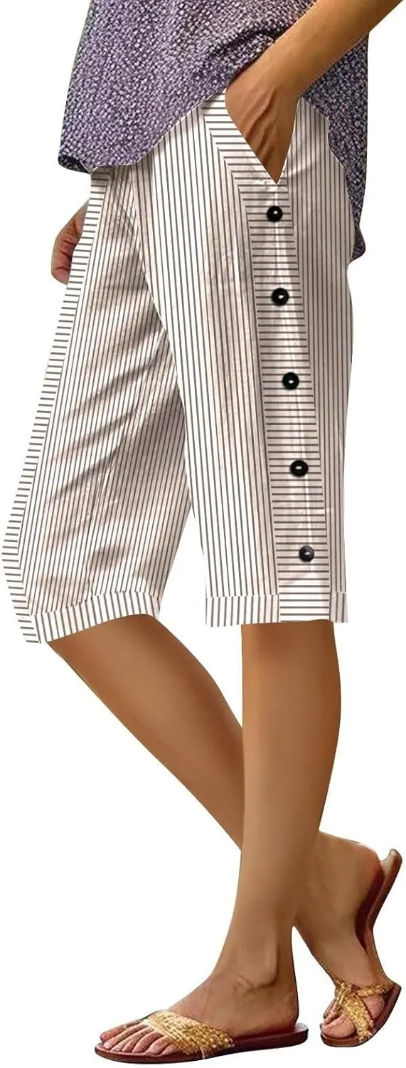 Bermuda Shorts for Women Knee Length Striped Linen Capris Lightweight Summer Straight Leg Beach Shorts with Pockets