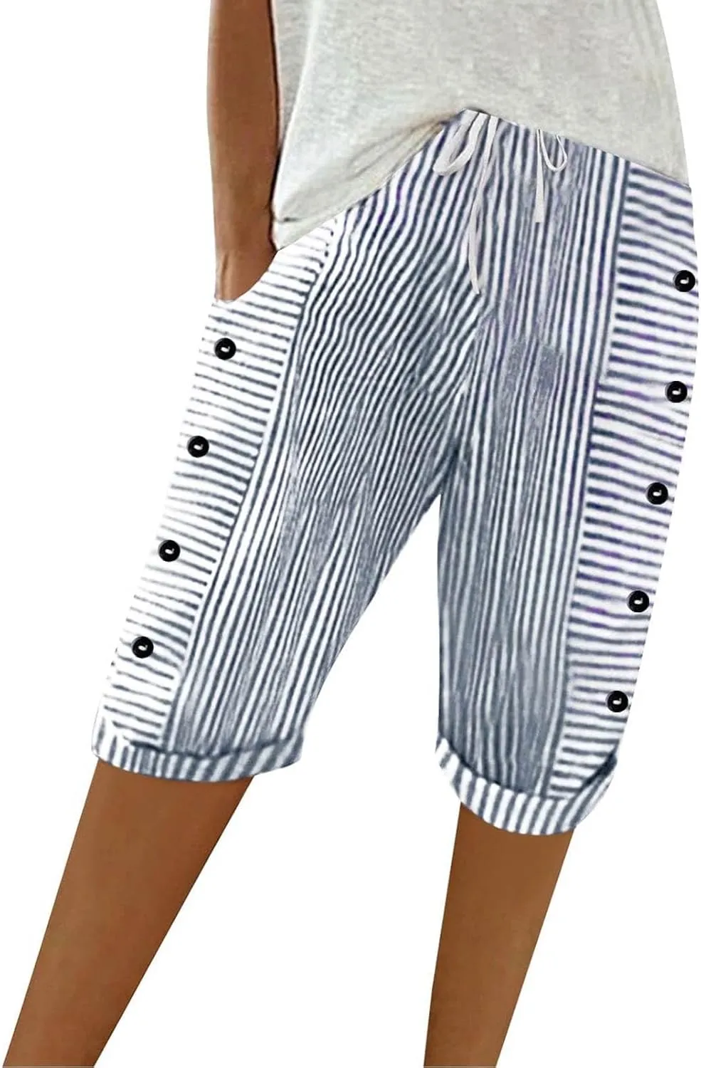 Bermuda Shorts for Women Knee Length Striped Linen Capris Lightweight Summer Straight Leg Beach Shorts with Pockets