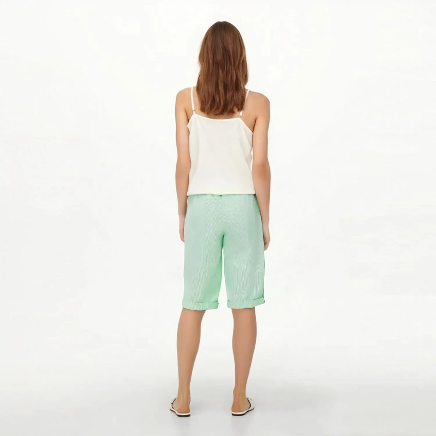 Bermuda Shorts for Women Knee Length Striped Linen Capris Lightweight Summer Straight Leg Beach Shorts with Pockets