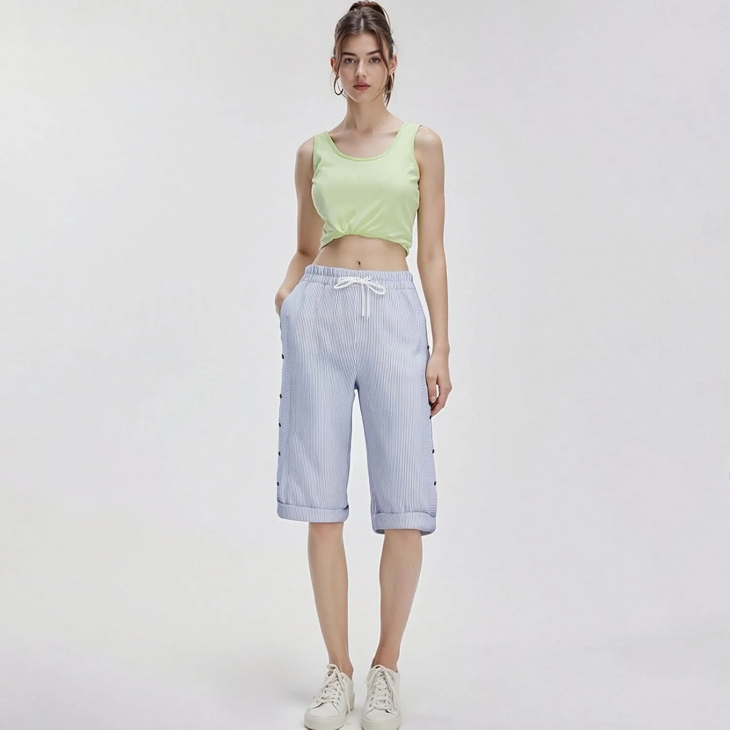 Bermuda Shorts for Women Knee Length Striped Linen Capris Lightweight Summer Straight Leg Beach Shorts with Pockets