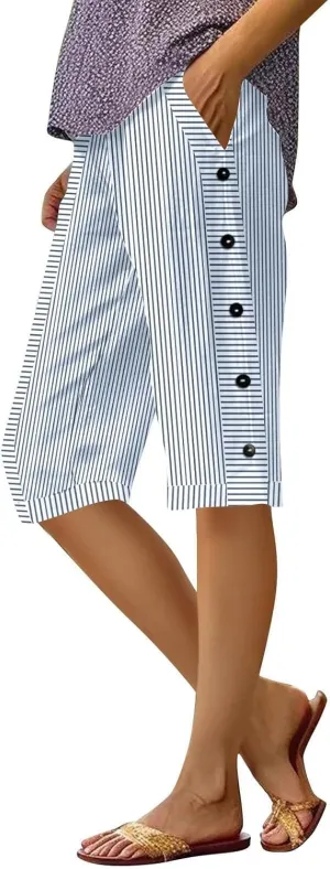 Bermuda Shorts for Women Knee Length Striped Linen Capris Lightweight Summer Straight Leg Beach Shorts with Pockets