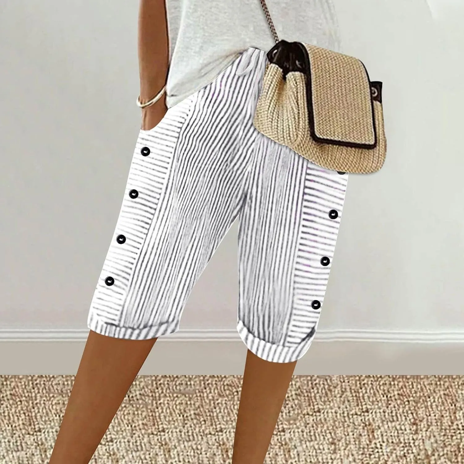 Bermuda Shorts for Women Knee Length Striped Linen Capris Lightweight Summer Straight Leg Beach Shorts with Pockets