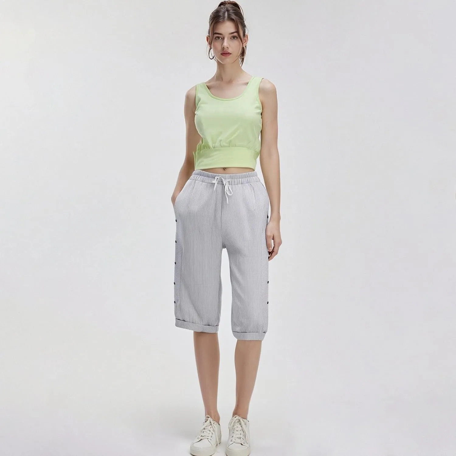 Bermuda Shorts for Women Knee Length Striped Linen Capris Lightweight Summer Straight Leg Beach Shorts with Pockets