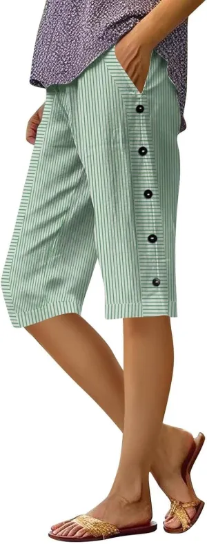 Bermuda Shorts for Women Knee Length Striped Linen Capris Lightweight Summer Straight Leg Beach Shorts with Pockets