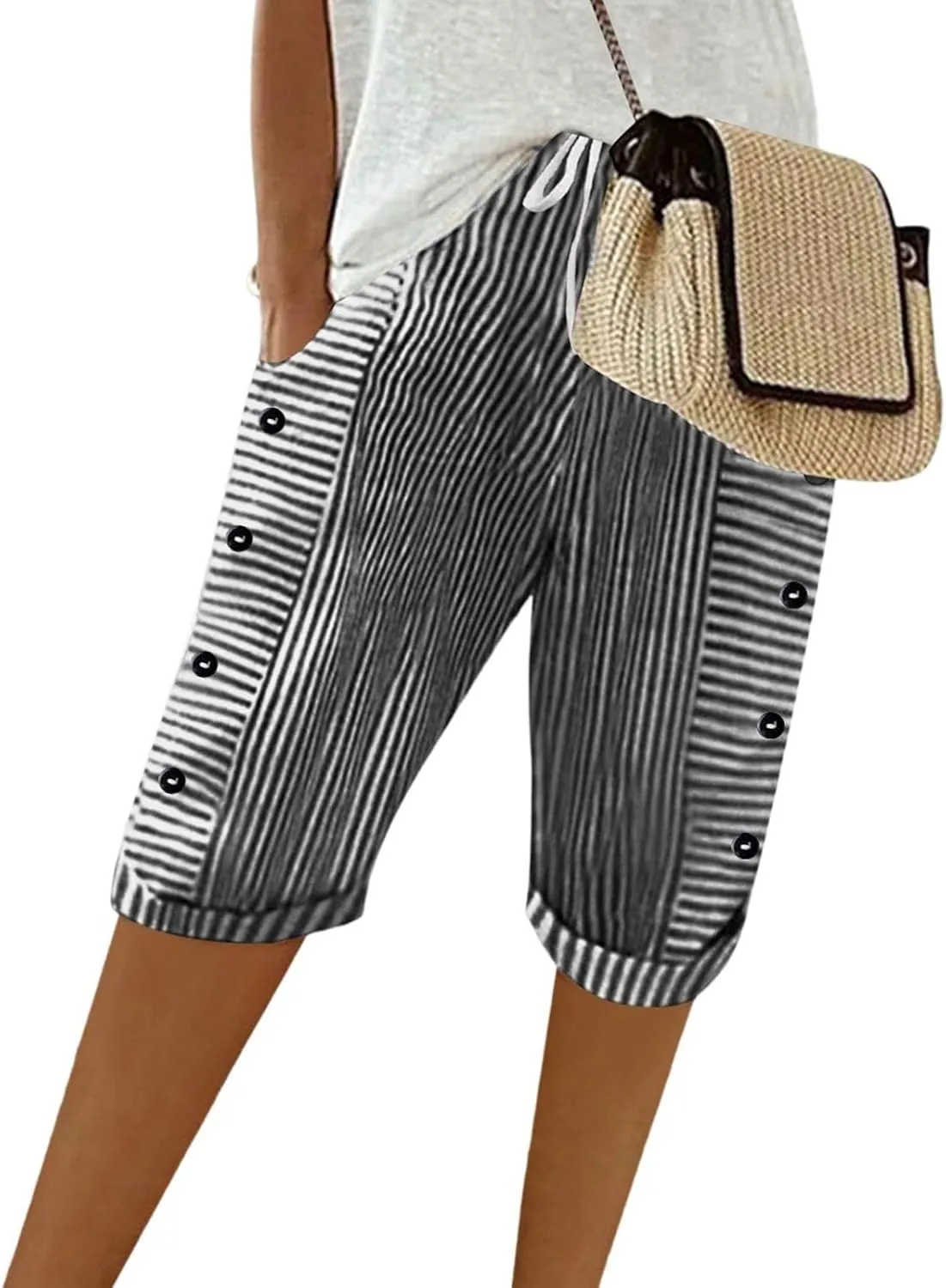 Bermuda Shorts for Women Knee Length Striped Linen Capris Lightweight Summer Straight Leg Beach Shorts with Pockets
