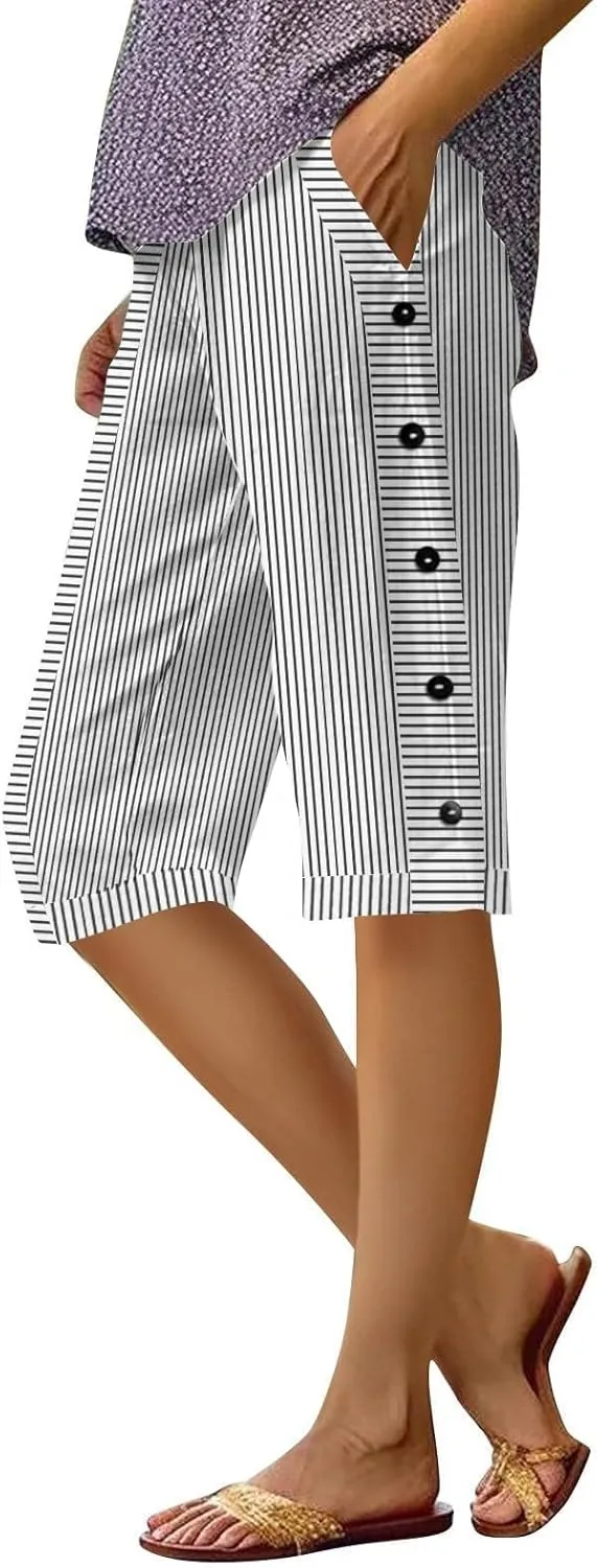 Bermuda Shorts for Women Knee Length Striped Linen Capris Lightweight Summer Straight Leg Beach Shorts with Pockets