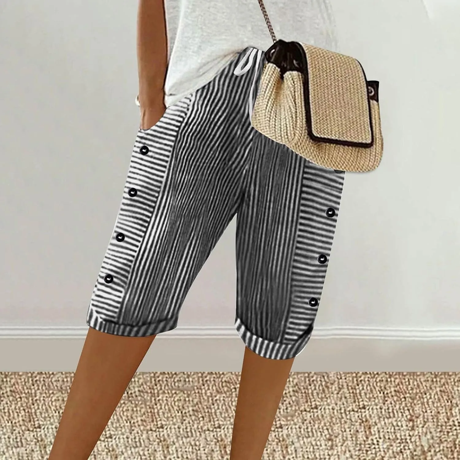 Bermuda Shorts for Women Knee Length Striped Linen Capris Lightweight Summer Straight Leg Beach Shorts with Pockets