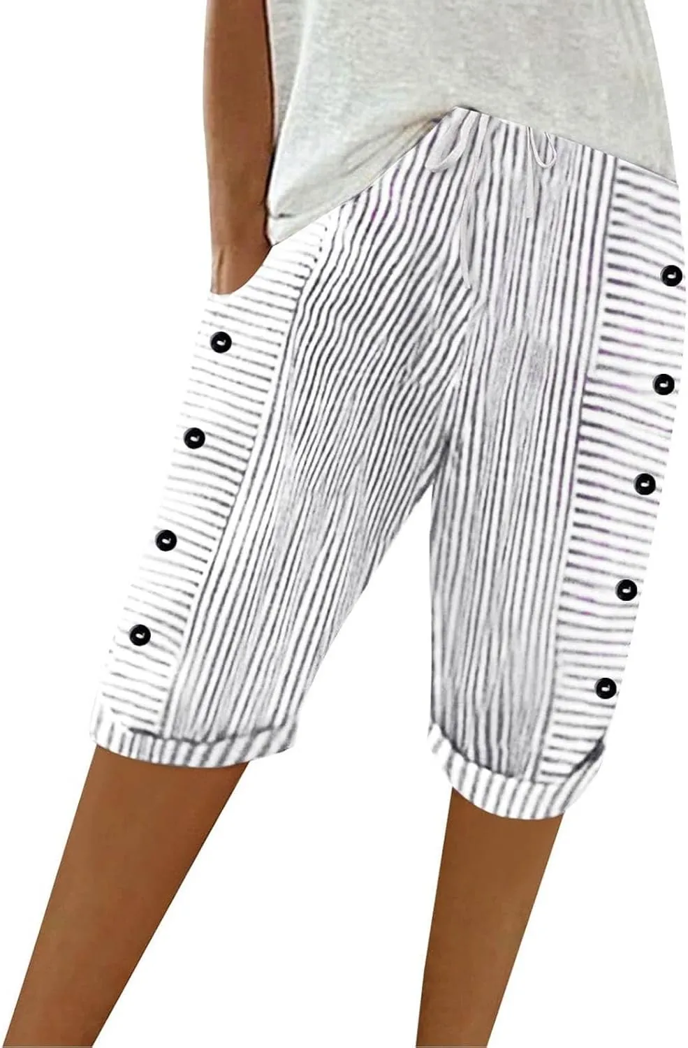 Bermuda Shorts for Women Knee Length Striped Linen Capris Lightweight Summer Straight Leg Beach Shorts with Pockets