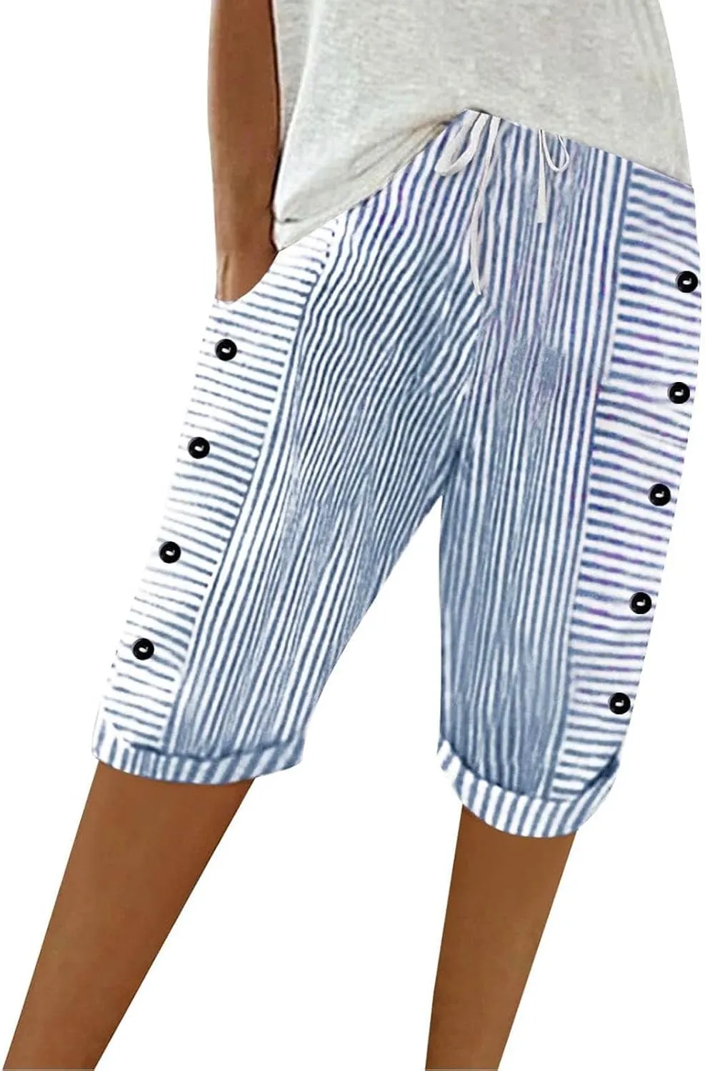 Bermuda Shorts for Women Knee Length Striped Linen Capris Lightweight Summer Straight Leg Beach Shorts with Pockets