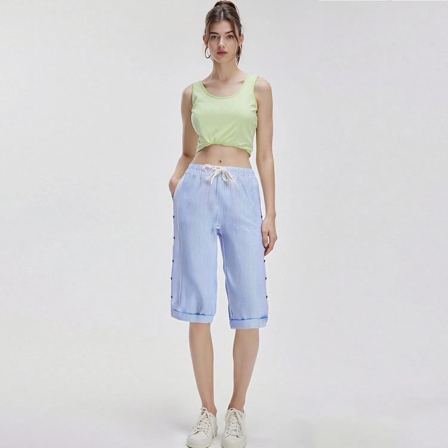 Bermuda Shorts for Women Knee Length Striped Linen Capris Lightweight Summer Straight Leg Beach Shorts with Pockets