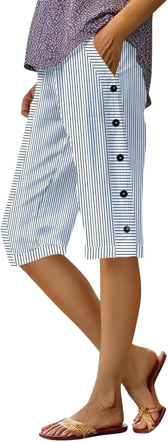 Bermuda Shorts for Women Knee Length Striped Linen Capris Lightweight Summer Straight Leg Beach Shorts with Pockets