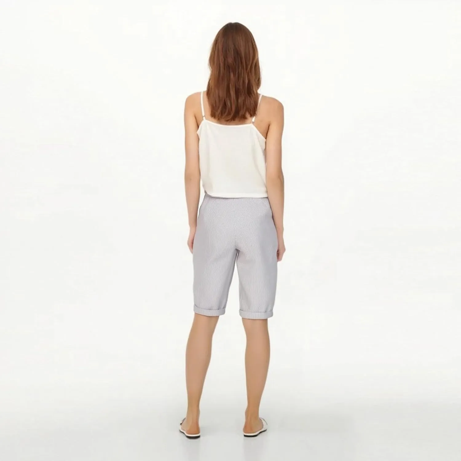 Bermuda Shorts for Women Knee Length Striped Linen Capris Lightweight Summer Straight Leg Beach Shorts with Pockets