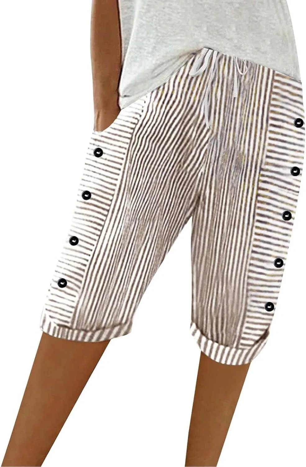 Bermuda Shorts for Women Knee Length Striped Linen Capris Lightweight Summer Straight Leg Beach Shorts with Pockets